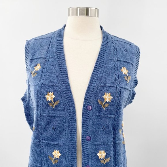 Vintage Tulchan Blue Floral Embroidered Sweater Vest Size Large L - Picture 2 of 10